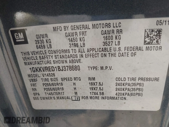 2011 GMC Acadia SLT1 with VIN 1GKKVRED1BJ378680, listed as a IAAI auction lot 42471503 with 139,106 mi miles and . Bid and sale history available at DreamBid. Image 9.