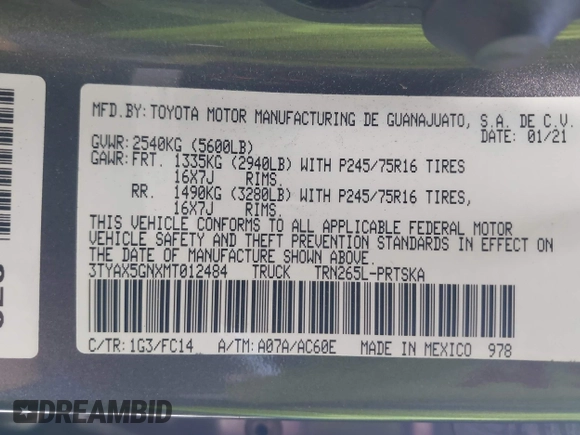 2021 Toyota Tacoma SR with VIN 3TYAX5GNXMT012484, listed as a IAAI auction lot 42429068 with 105,555 mi miles and . Bid and sale history available at DreamBid. Image 9.
