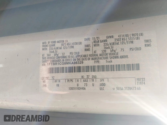 2021 Ford Transit Cargo с VIN 1FTBR1CG8MKA98329, выставлен на аукционе IAAI как лот 42534100 с пробегом 66 953 миль миль и . История ставок и продаж доступна на DreamBid. Изображение 9.
