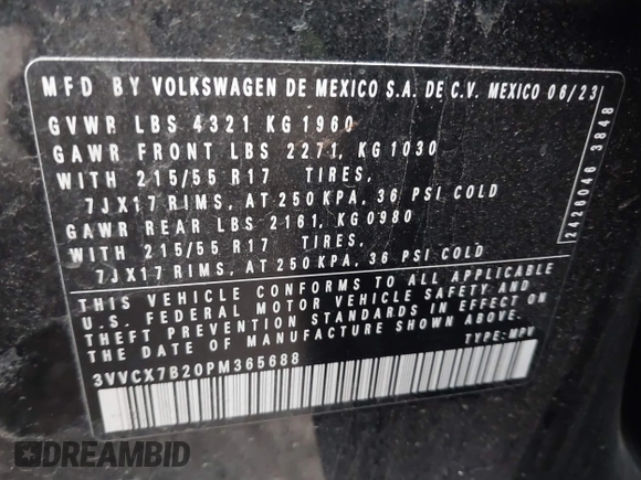 2023 Volkswagen Taos S z VIN 3VVCX7B20PM365688, wystawiony jako IAAI lot #41237975 z przebiegiem 15 401 mil mil oraz . Historia ofert i sprzedaży dostępna na DreamBid. Obrazek 9.