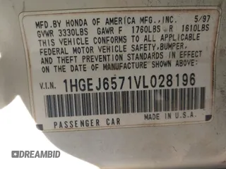 1997 Honda Civic LX with VIN 1HGEJ6571VL028196, listed as a IAAI auction lot 41429128 with 398,114 mi miles. Bid and sale history available at carsss.com. Image 9.