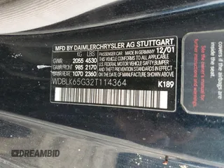 2002 Mercedes-Benz CLK with VIN WDBLK65G32T114364, listed as a Copart auction lot 54966935 with Not Provided miles and Clean Title. Bid and sale history available at carsss.com. Image 12.