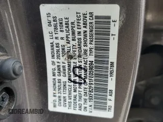 2015 Honda Civic EX-L z VIN 19XFB2F91FE059094, wystawiony jako Copart lot #54218755 z przebiegiem Nie podano mil oraz Szkoda całkowita • Salvage title. Historia ofert i sprzedaży dostępna na DreamBid. Obrazek 13.
