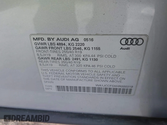 2017 Audi Q3 Premium Plus z VIN WA1JCCFSXHR000319, wystawiony jako IAAI lot #41986889 z przebiegiem 74 675 mil mil oraz . Historia ofert i sprzedaży dostępna na DreamBid. Obrazek 9.