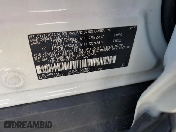 2023 Toyota RAV4 XLE with VIN 2T3P1RFV8PW398616, listed as a Copart auction lot 62297175 with 36,122 mi miles and Salvage title. Bid and sale history available at DreamBid. Image 13.