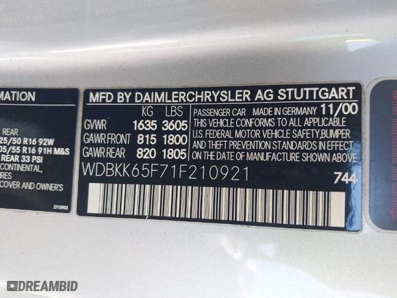 2001 Mercedes-Benz SLK-Class with VIN WDBKK65F71F210921, listed as a IAAI auction lot 41718596 with NaN miles. Bid and sale history available at carsss.com. Image 9.
