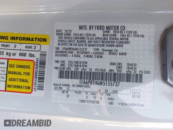 2021 Ford Mustang EcoBoost with VIN 1FA6P8TH6M5155737, listed as a IAAI auction lot 42389839 with 39,754 mi miles and . Bid and sale history available at DreamBid. Image 9.