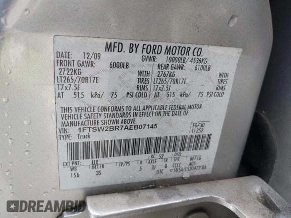 2010 Ford F-250 XL with VIN 1FTSW2BR7AEB07145, listed as a IAAI auction lot 42161351 with 134,034 mi miles and . Bid and sale history available at DreamBid. Image 9.