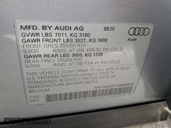 2021 Audi e-tron Premium with VIN WA1AAAGE7MB006939, listed as a Copart auction lot 45187924 with 49,600 mi miles and . Bid and sale history available at DreamBid. Image 12.