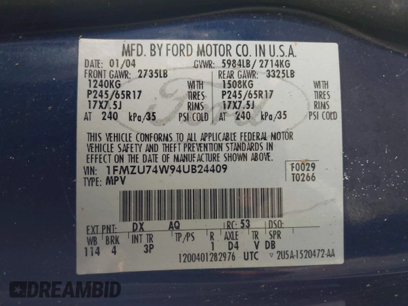 2004 Ford Explorer Eddie Bauer z VIN 1FMZU74W94UB24409, wystawiony jako IAAI lot #42244961 z przebiegiem 175 390 mil mil oraz . Historia ofert i sprzedaży dostępna na DreamBid. Obrazek 9.