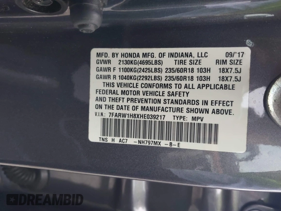 2017 Honda CR-V EX-L with VIN 7FARW1H8XHE039217, listed as a IAAI auction lot 41586701 with 37,058 mi miles. Bid and sale history available at carsss.com. Image 9.