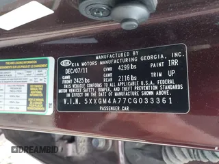 2012 Kia Optima LX with VIN 5XXGM4A77CG033361, listed as a IAAI auction lot 42210159 with 214,137 mi miles and . Bid and sale history available at carsss.com. Image 9.