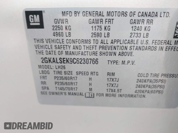 2012 GMC Terrain SLE-2 с VIN 2GKALSEK9C6230766, выставлен на аукционе IAAI как лот 41234861 с пробегом 152 887 миль миль и . История ставок и продаж доступна на DreamBid. Изображение 9.