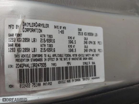 2003 Dodge Caravan Sport with VIN 2D4GP44L13R247935, listed as a IAAI auction lot 41940177 with 154,561 mi miles. Bid and sale history available at carsss.com. Image 9.