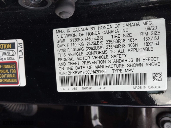 2020 Honda CR-V EX with VIN 2HKRW1H50LH420585, listed as a IAAI auction lot 41254606 with 40,057 mi miles. Bid and sale history available at carsss.com. Image 9.