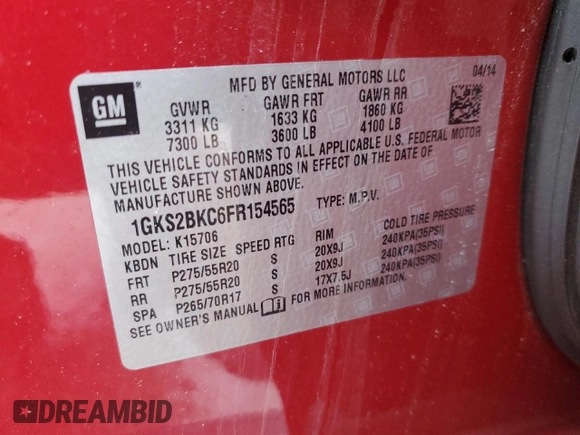 2015 GMC Yukon SLT z VIN 1GKS2BKC6FR154565, wystawiony jako Copart lot #50881225 z przebiegiem 160 669 mil mil oraz Szkoda całkowita • Salvage title. Historia ofert i sprzedaży dostępna na DreamBid. Obrazek 13.