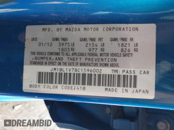 2012 Mazda 3 i Touring with VIN JM1BL1V78C1596002, listed as a IAAI auction lot 41574815 with 168,647 mi miles and . Bid and sale history available at DreamBid. Image 9.