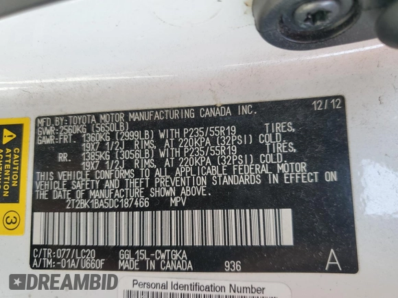 2013 Lexus RX 350 with VIN 2T2BK1BA5DC187466, listed as a Copart auction lot 48360795 with 108,842 mi miles and Salvage Title. Bid and sale history available at DreamBid. Image 13.