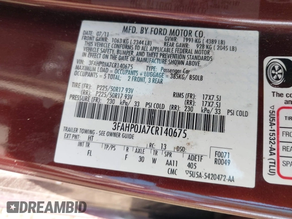 2012 Ford Fusion SEL with VIN 3FAHP0JA7CR140675, listed as a IAAI auction lot 42399096 with 117,743 mi miles and . Bid and sale history available at DreamBid. Image 9.