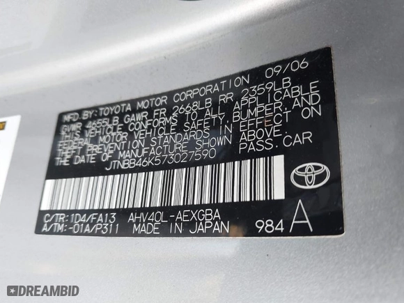 2007 Toyota Camry Hybrid with VIN JTNBB46K573027590, listed as a IAAI auction lot 41307314 with 159,168 mi miles. Bid and sale history available at carsss.com. Image 9.