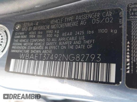 2002 BMW 3 Series 325i with VIN WBAET37492NG82793, listed as a IAAI auction lot 42096913 with 226,869 mi miles and . Bid and sale history available at DreamBid. Image 9.