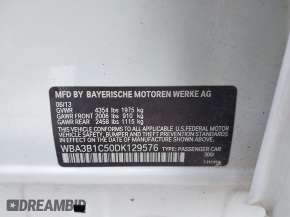 2013 BMW 3 Series 320i with VIN WBA3B1C50DK129576, listed as a IAAI auction lot 42393038 with 160,370 mi miles and . Bid and sale history available at DreamBid. Image 9.
