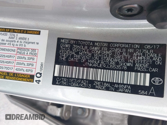 2018 Toyota Corolla iM with VIN JTNKARJE9JJ553578, listed as a IAAI auction lot 42078272 with 63,928 mi miles. Bid and sale history available at carsss.com. Image 9.