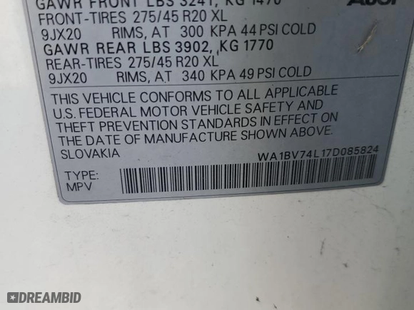 2007 Audi Q7 Premium with VIN WA1BV74L17D085824, listed as a Copart auction lot 58259024 with 0 mi miles and Salvage Title. Bid and sale history available at carsss.com. Image 15.