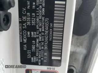 2022 Kia Rio S with VIN 3KPA24AD7NE449570, listed as a Copart auction lot 41902075 with 57,278 mi miles and Salvage Title. Bid and sale history available at carsss.com. Image 12.