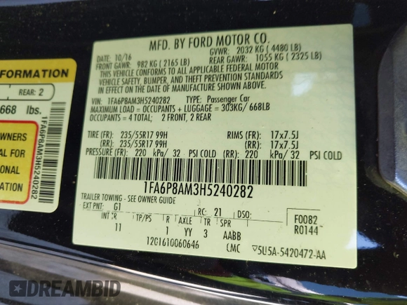 2017 Ford Mustang V6 with VIN 1FA6P8AM3H5240282, listed as a IAAI auction lot 41997965 with 135,070 mi miles and . Bid and sale history available at DreamBid. Image 9.
