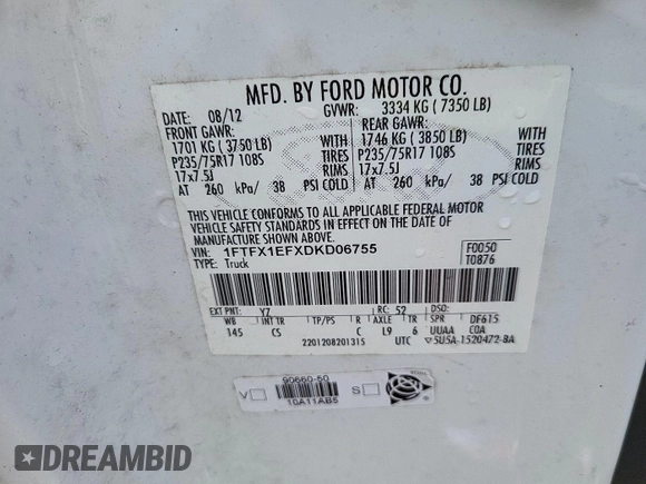 2013 Ford F-150 XL with VIN 1FTFX1EFXDKD06755, listed as a IAAI auction lot 42621066 with 308,497 mi miles and . Bid and sale history available at DreamBid. Image 20.