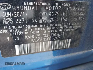 2017 Hyundai Ioniq SEL with VIN KMHC75LC0HU047671, listed as a IAAI auction lot 42404401 with 88,696 mi miles and . Bid and sale history available at DreamBid. Image 9.