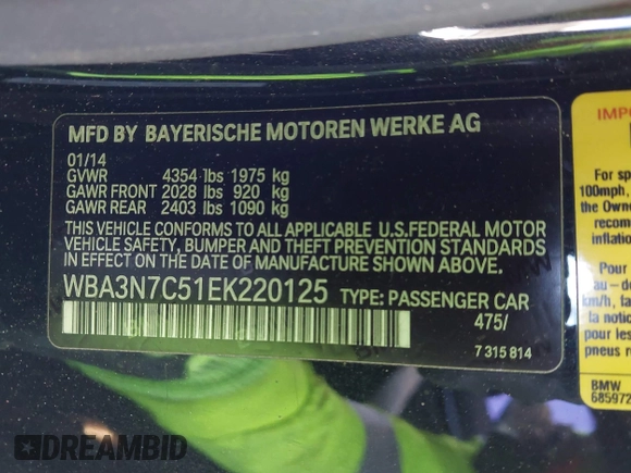 2014 BMW 4 Series 428i with VIN WBA3N7C51EK220125, listed as a IAAI auction lot 41881928 with 129,810 mi miles and . Bid and sale history available at carsss.com. Image 9.