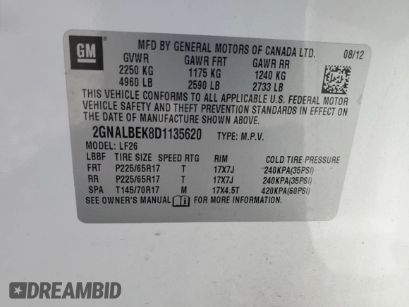 2013 Chevrolet Equinox LS z VIN 2GNALBEK8D1135620, wystawiony jako Copart lot #55670955 z przebiegiem 153 199 mil mil oraz Szkoda całkowita • Salvage title. Historia ofert i sprzedaży dostępna na DreamBid. Obrazek 14.