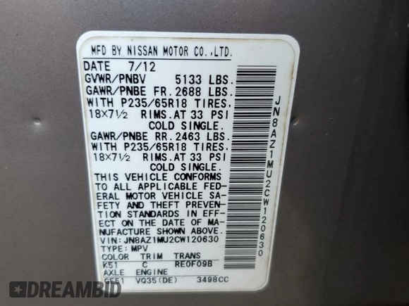 2012 Nissan Murano S with VIN JN8AZ1MU2CW120630, listed as a Copart auction lot 74250174 with 0 mi miles and Salvage Title. Bid and sale history available at carsss.com. Image 13.
