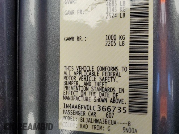 2020 Nissan Maxima Platinum with VIN 1N4AA6FV0LC366735, listed as a Copart auction lot 49395685 with 45,185 mi miles and Salvage Title. Bid and sale history available at DreamBid. Image 12.