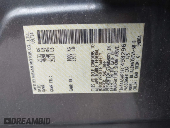 2014 Nissan Maxima S with VIN 1N4AA5AP5EC498296, listed as a IAAI auction lot 42190460 with 199,185 mi miles and . Bid and sale history available at DreamBid. Image 9.