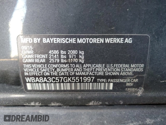 2016 BMW 3 Series 320i xDrive with VIN WBA8A3C57GK551997, listed as a Copart auction lot 46166335 with Not Provided miles and Salvage Title. Bid and sale history available at DreamBid. Image 14.