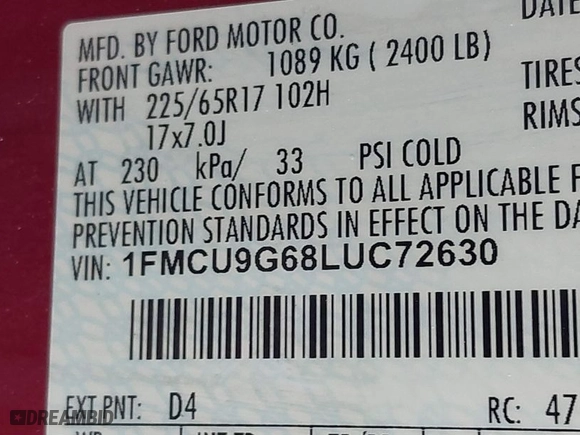2020 Ford Escape SE with VIN 1FMCU9G68LUC72630, listed as a IAAI auction lot 41541787 with 81,268 mi miles. Bid and sale history available at carsss.com. Image 9.
