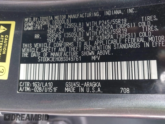 2011 Toyota Highlander Limited with VIN 5TDDK3EH0BS049761, listed as a IAAI auction lot 41484436 with 151,979 mi miles and . Bid and sale history available at DreamBid. Image 9.