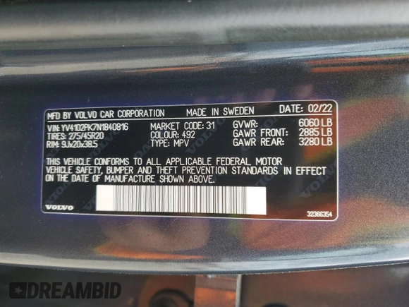 2022 Volvo XC90 Momentum with VIN YV4102PK7N1840816, listed as a Copart auction lot 50353515 with 36,558 mi miles and Salvage Title. Bid and sale history available at carsss.com. Image 12.