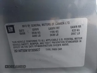 2008 Chevrolet Impala LT with VIN 2G1WT55N181309827, listed as a IAAI auction lot 42201993 with 209,759 mi miles and . Bid and sale history available at DreamBid. Image 9.