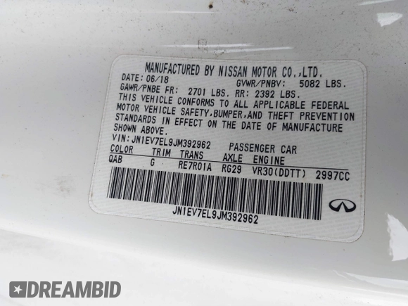 2018 Infiniti Q60 Luxe with VIN JN1EV7EL9JM392962, listed as a IAAI auction lot 41307185 with 58,280 mi miles and . Bid and sale history available at DreamBid. Image 9.