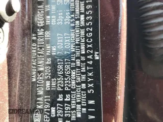 2012 Kia Sorento LX with VIN 5XYKT4A2XCG253591, listed as a Copart auction lot 50077515 with Not Provided miles and Clean Title. Bid and sale history available at carsss.com. Image 13.