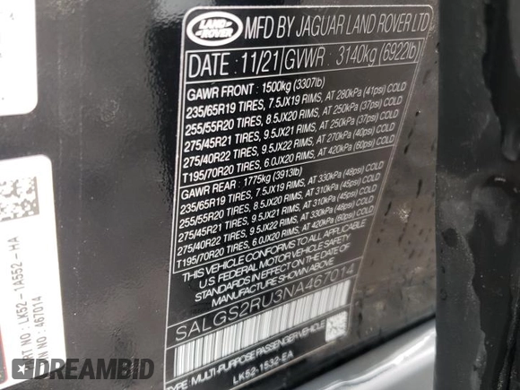 2022 Land Rover Range Rover Westminster z VIN SALGS2RU3NA467014, wystawiony jako Copart lot #66455254 z przebiegiem 48 275 mil mil oraz Szkoda całkowita • Salvage title. Historia ofert i sprzedaży dostępna na DreamBid. Obrazek 13.