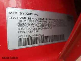 2022 Audi A3 Premium Plus with VIN WAUHUDGYXNA076608, listed as a Copart auction lot 37274063 with 4,538 mi miles. Bid and sale history available at carsss.com. Image 15.