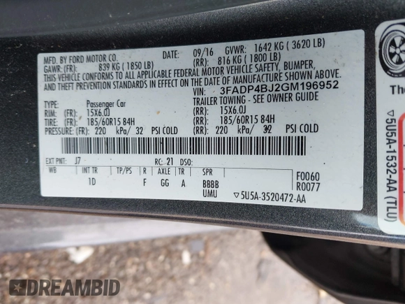 2016 Ford Fiesta SE with VIN 3FADP4BJ2GM196952, listed as a IAAI auction lot 41694838 with 121,192 mi miles and . Bid and sale history available at DreamBid. Image 9.