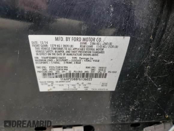 2015 Ford Taurus SE with VIN 1FAHP2D88FG136022, listed as a Copart auction lot 50944035 with 221,164 mi miles and Salvage Title. Bid and sale history available at DreamBid. Image 13.