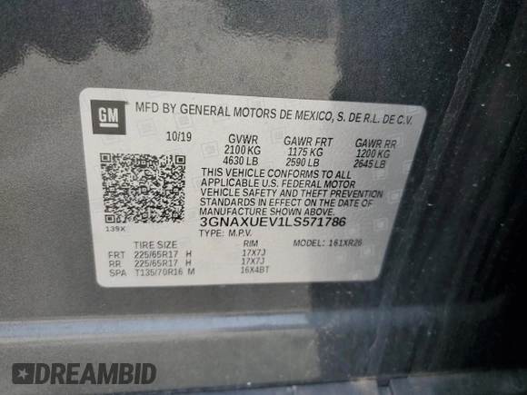 2020 Chevrolet Equinox LT with VIN 3GNAXUEV1LS571786, listed as a Copart auction lot 55403325 with 82,961 mi miles and Salvage Title. Bid and sale history available at DreamBid. Image 12.