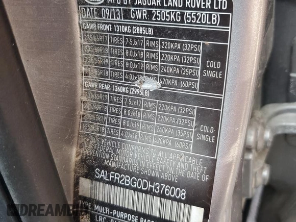 2013 Land Rover LR2 z VIN SALFR2BG0DH376008, wystawiony jako Copart lot #59855425 z przebiegiem Nie podano mil oraz Szkoda całkowita • Salvage title. Historia ofert i sprzedaży dostępna na DreamBid. Obrazek 13.